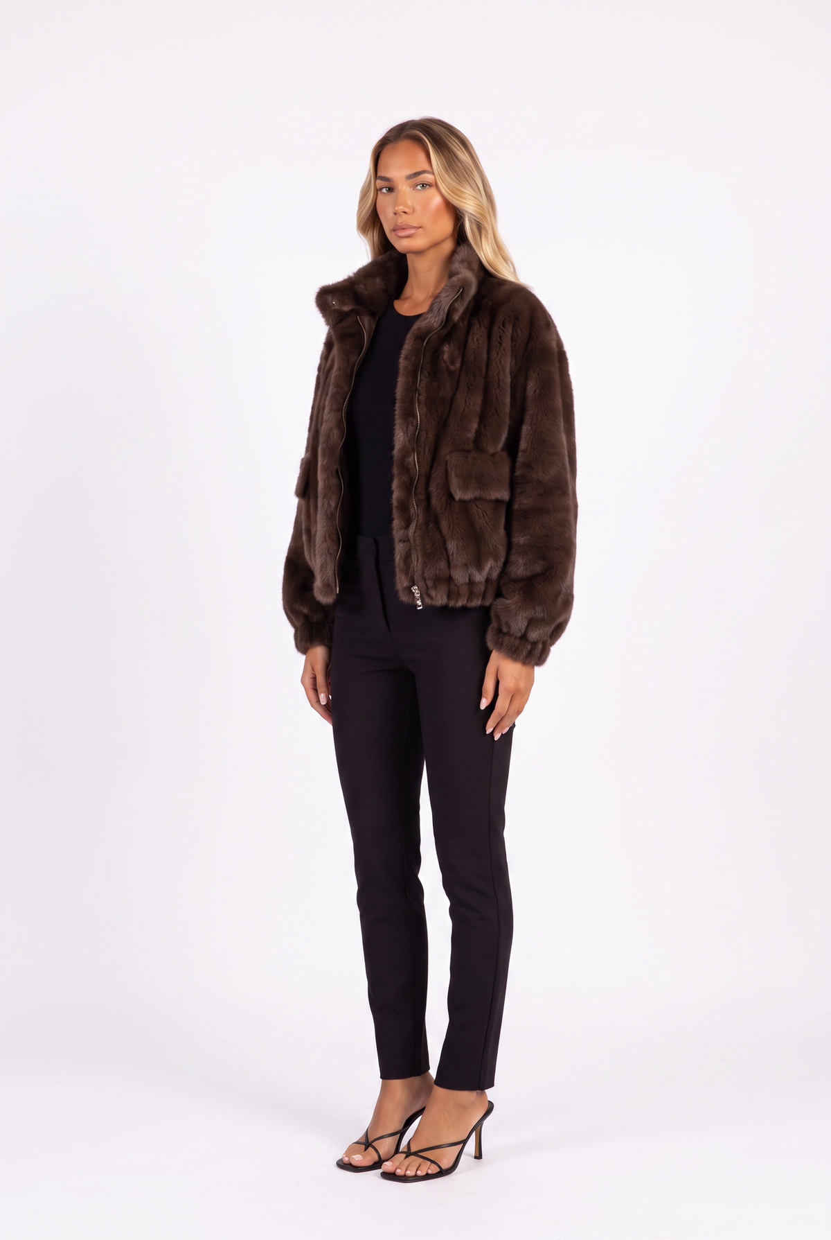 Brown plush faux fur cropped bomber jacket — open, three-quarter