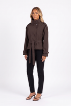Brown cropped double-breasted belted trench jacket — three-quarter