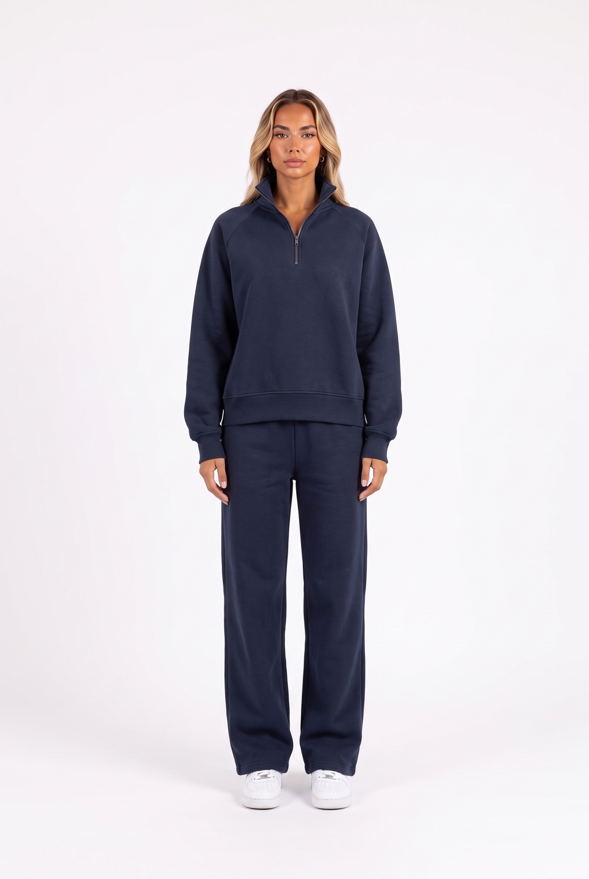 Funnel-collar zip sweatshirt and wide-leg pants set in navy blue — front